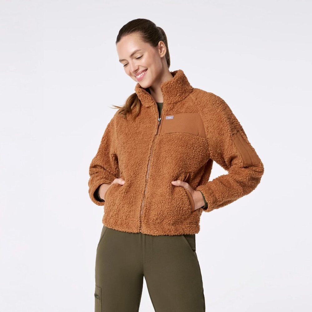 Figs On-Shift High Pile Fleece Bomber Jacket in Mocha, Size Large